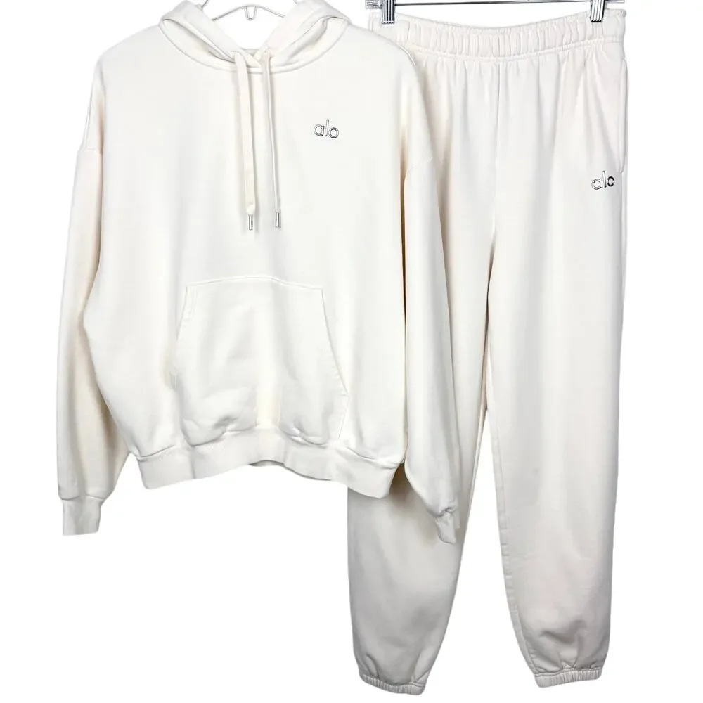 Alo Yoga Accolade Hoodie & Sweatpant Set Bone Ivory Drawstring Size Medium